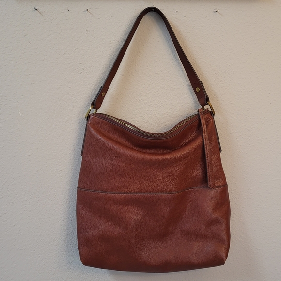 Fossil Leather Bucket Shoulder Bag Purse Medium Brown Zip Closure - Picture 2 of 15